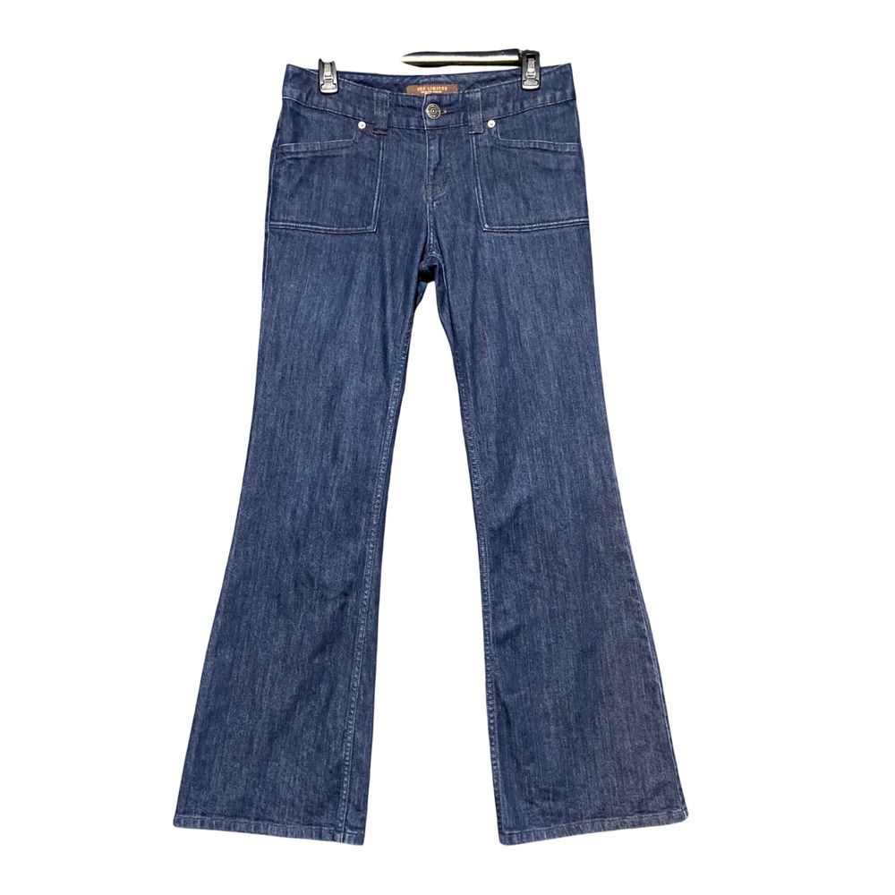 The Limited Dark Wash Flare Leg Jeans Size 6 Patch Pockets Mid Rise Stretch Y2K
